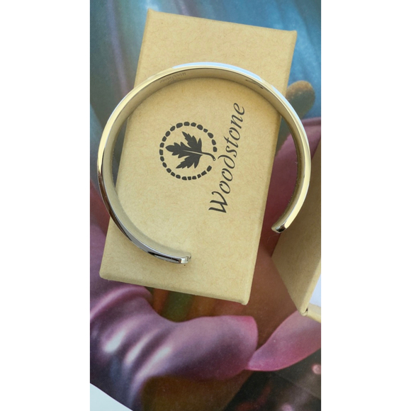 Women's Woodstone One Size Silver & Brown Wood Inlay Cuff Bracelet BNIB - Picture 3 of 4